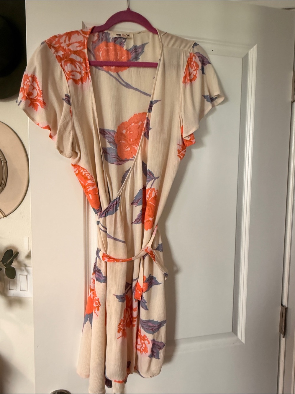 Billabong Floral Kimono Duster M Cream Coral and Blue Tie Waist Boho Cover Up